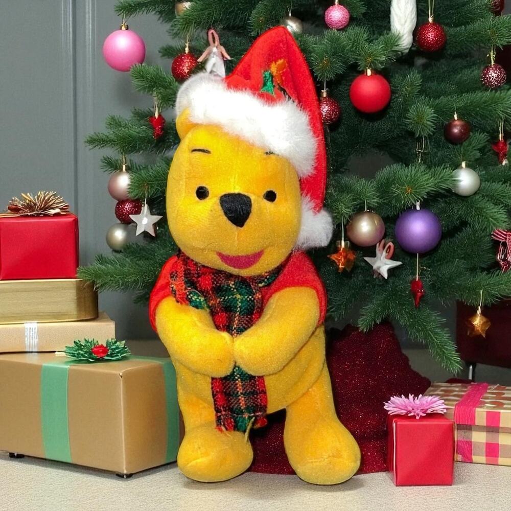 Disney Mattel Winnie The Pooh Plush Santa Hat Christmas Scarf Nursery 8" Vintage